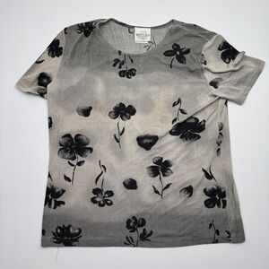 TR Bentley Shirt Womens Large Black Floral Print Short Sleeve Stretch Made USA